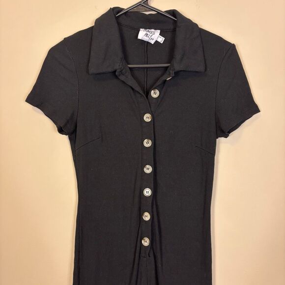 Princess Polly Black Ribbed Collared Button Front Romper US 8 - Picture 3 of 6